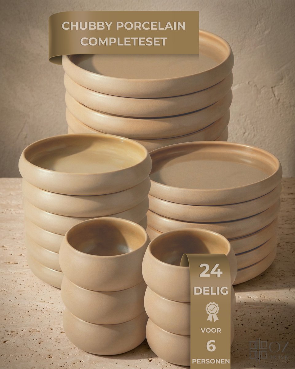 Bavary Chubby Serviesset 24-delig Porselein - Beige - 6 Personen - Mat buiten/Glanzend Binnen - Vaatwasser- & Magnetronbestendig — afbeelding 1
