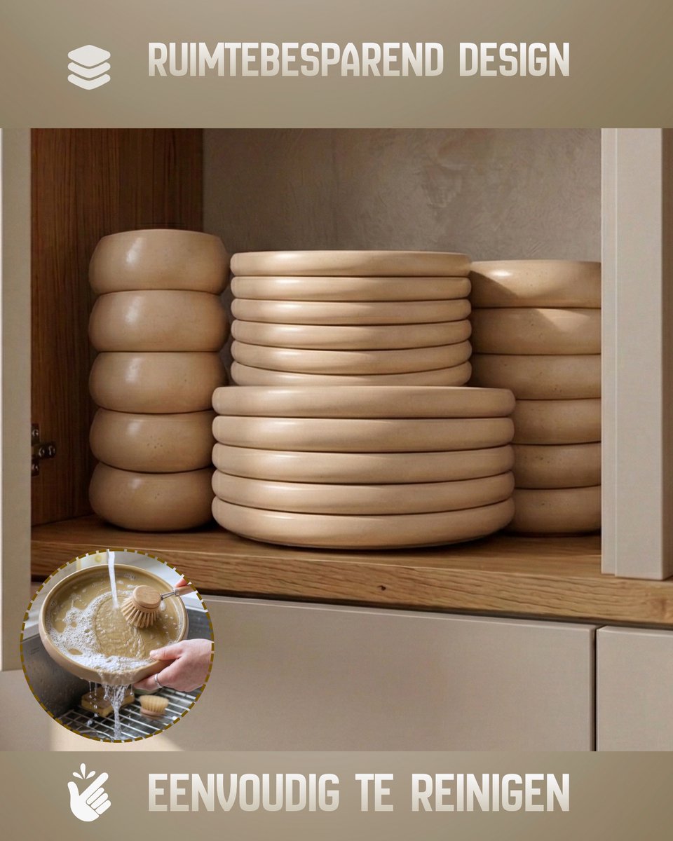 Bavary Chubby Serviesset 24-delig Porselein - Beige - 6 Personen - Mat buiten/Glanzend Binnen - Vaatwasser- & Magnetronbestendig — afbeelding 4