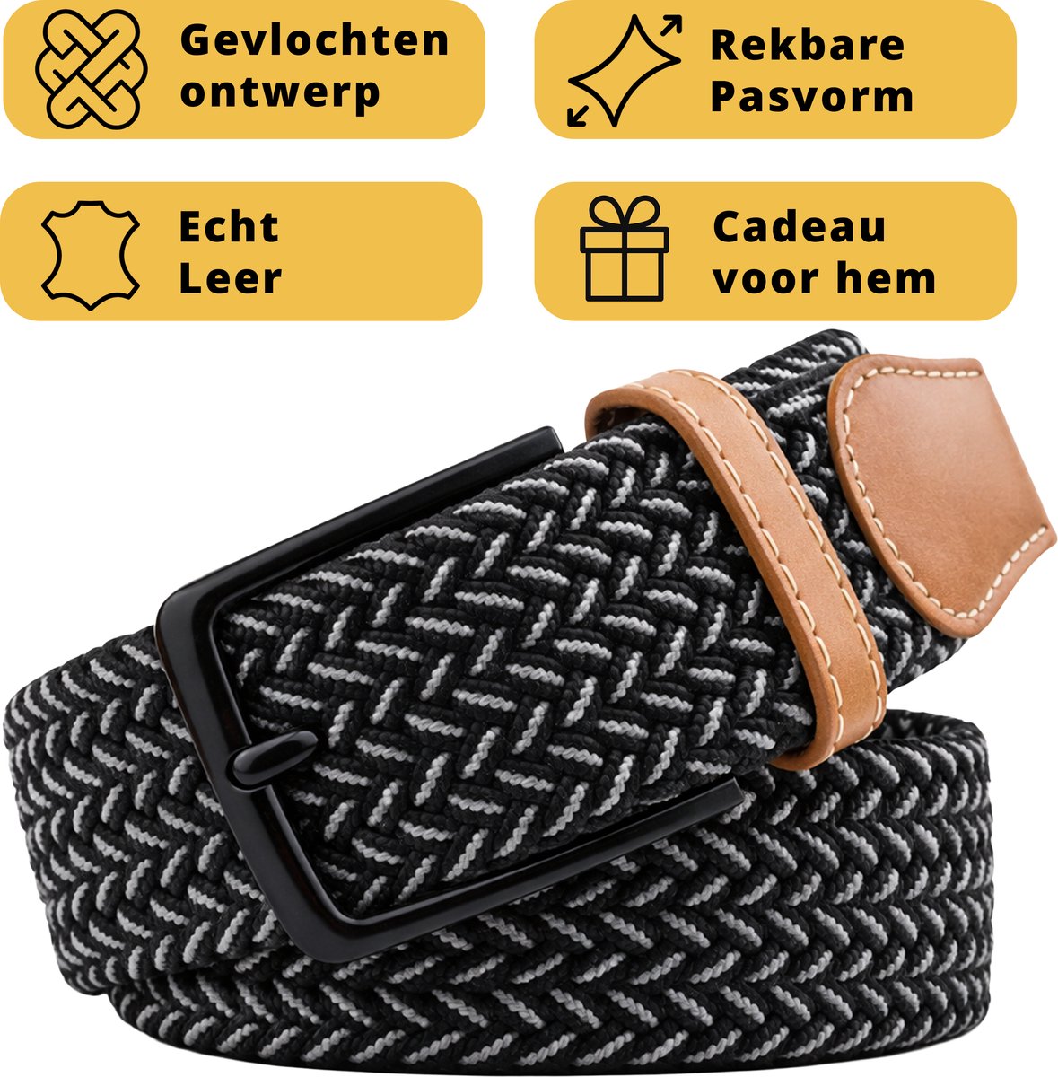 Garzini Elastische Riem Heren - Gevlochten Broekriem Heren zonder gaatjes - Broekriem zonder gaatjes - W31-W33 (91-99 cm) - Zwart Wit