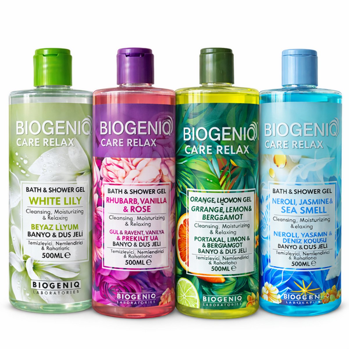 Biogeniq Care Relax Bad & Douchegel Voordeelset 4 x 500 ml – White Lily, Rhubarb Vanilla & Rose, Orange Lemon & Bergamot, Neroli Jasmine & Sea Salt – Hydraterende Douchegel Set