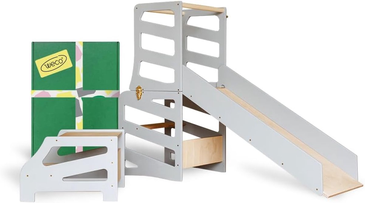 3-in-1 Montessori Keuken Hulp Toren met Glijbaan en Bureau - FSC Hout Leerstoel