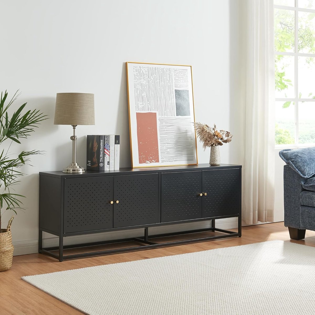 Tv-meubel 153 cm met 4 deuren - zwart metalen kast als lowboard of dressoir