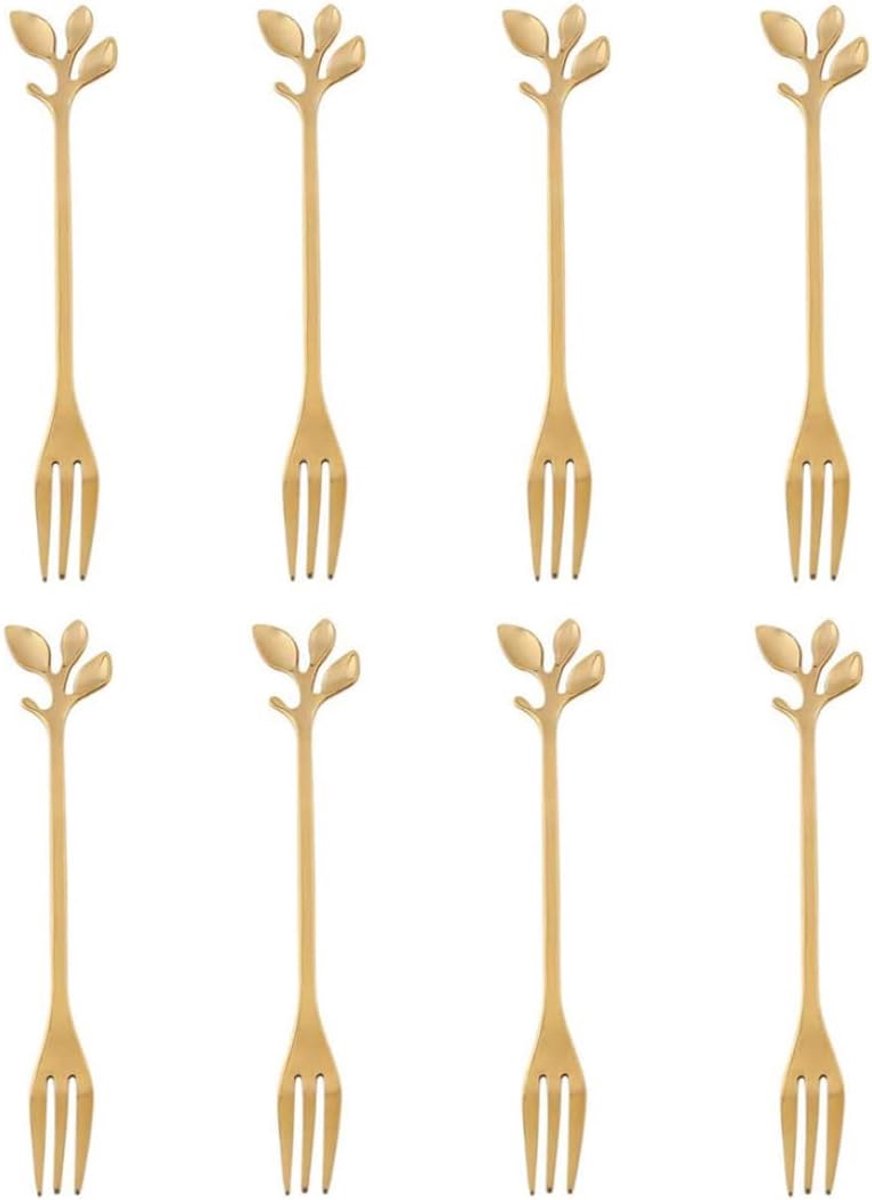 Dessertvorkjes set 8 stuks - Roestvrijstaal - Goudkleurig - Bladvorm - 12,1 cm
