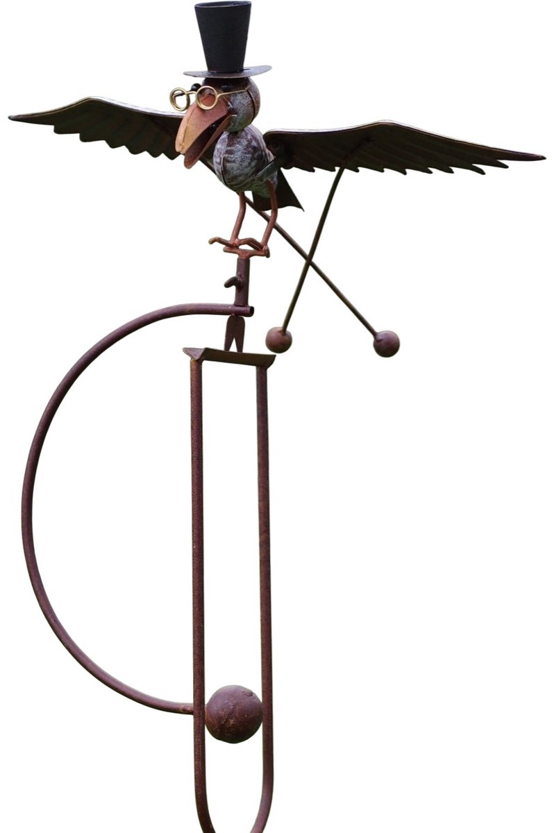 Tuinsteker balans vogel kraai met hoed - Afmetingen: 50 x 30 x 130 cm- zwart en roest