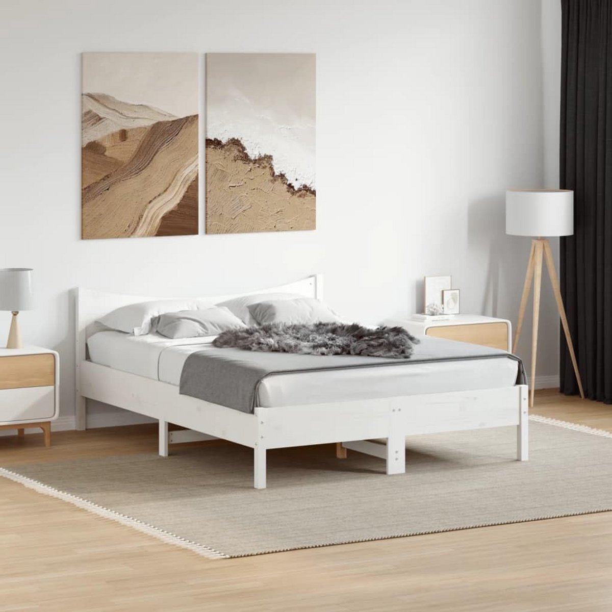 Stevig Houten Bedframe Wit 120x200 cm - Tweepersoons Lattenbodem Bed