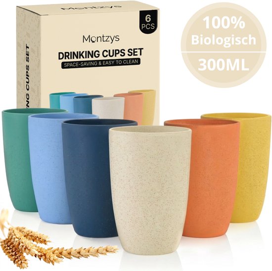 Montzys® Bio Gobelets Réutilisables - 6 Pièces - Gobelet 300 ml - Gobelet - Gobelets en Plastique Bio