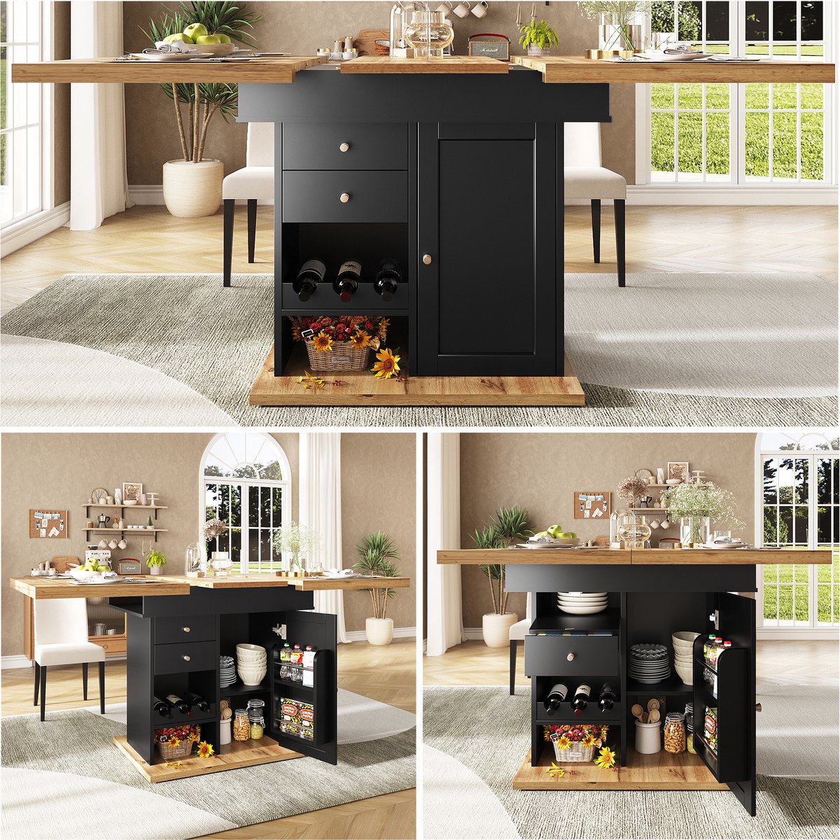Eettafel - 110-140 x 80 cm - Uitschuifbare Klaptafel met Snackrek en Wijnrek - MDF - Wit