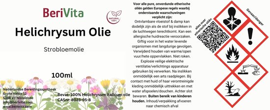Label met 'Berivita Helichrysum Olie 100ml'. Gevaarsymbolen en waarschuwingstekst.