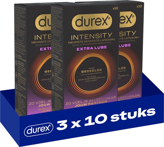 Durex Intensity Extra Lube condooms, 3 x 10 stuks. Latexvrij met extra glijmiddel en gedeelde lichaamswarmte.