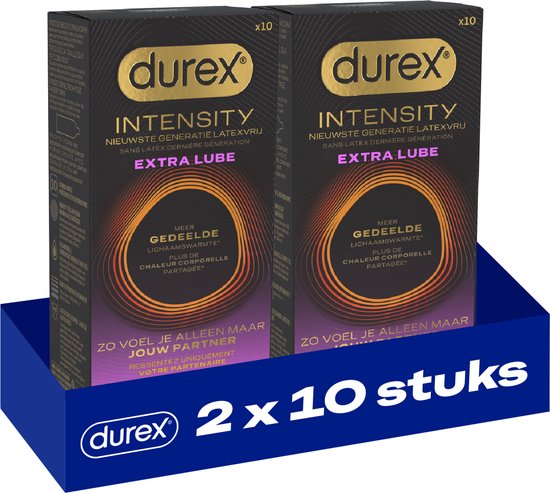 Twee pakken Durex Intensity condooms, latexvrij, extra glijmiddel, met teksten 'Nieuwste generatie', 'Extra Lube' en 'Meer gedeelde lichaamswarmte'.