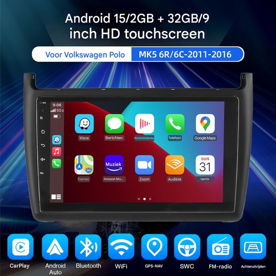 ESSGOO Autoradio met 9-inch HD touchscreen, Android 15, 2+32GB voor VW Polo MK5 6R/6C 2009-2017. Iconen: CarPlay, Android Auto, Bluetooth, Wifi, GPS.