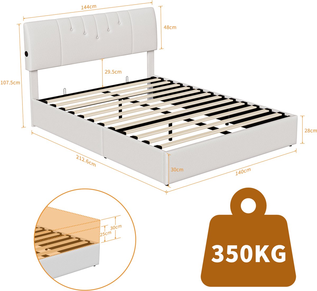 SHOPENTRA Opbergbed met Gaslift 140x200 - Crème/Wit Teddy Stof - afbeelding 2