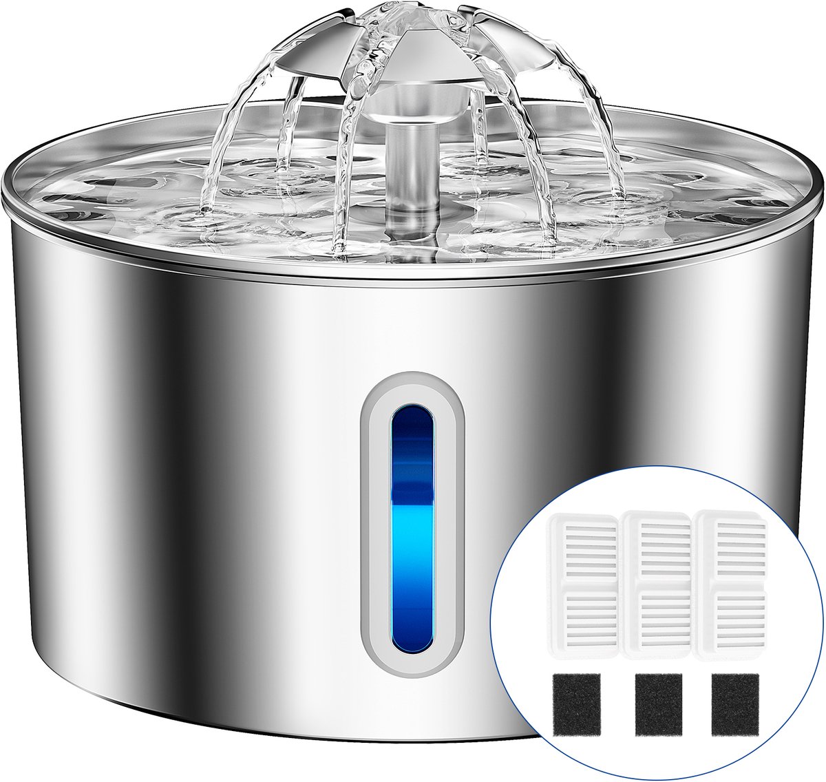 Balimo® RVS Drinkfontein Kat en Hond - Waterdispenser - Kattenfontein 2.2L - LED-verlichting - Met Snoer - Incl. 3 Filters en cleaning tool - Fluisterstil - RVS