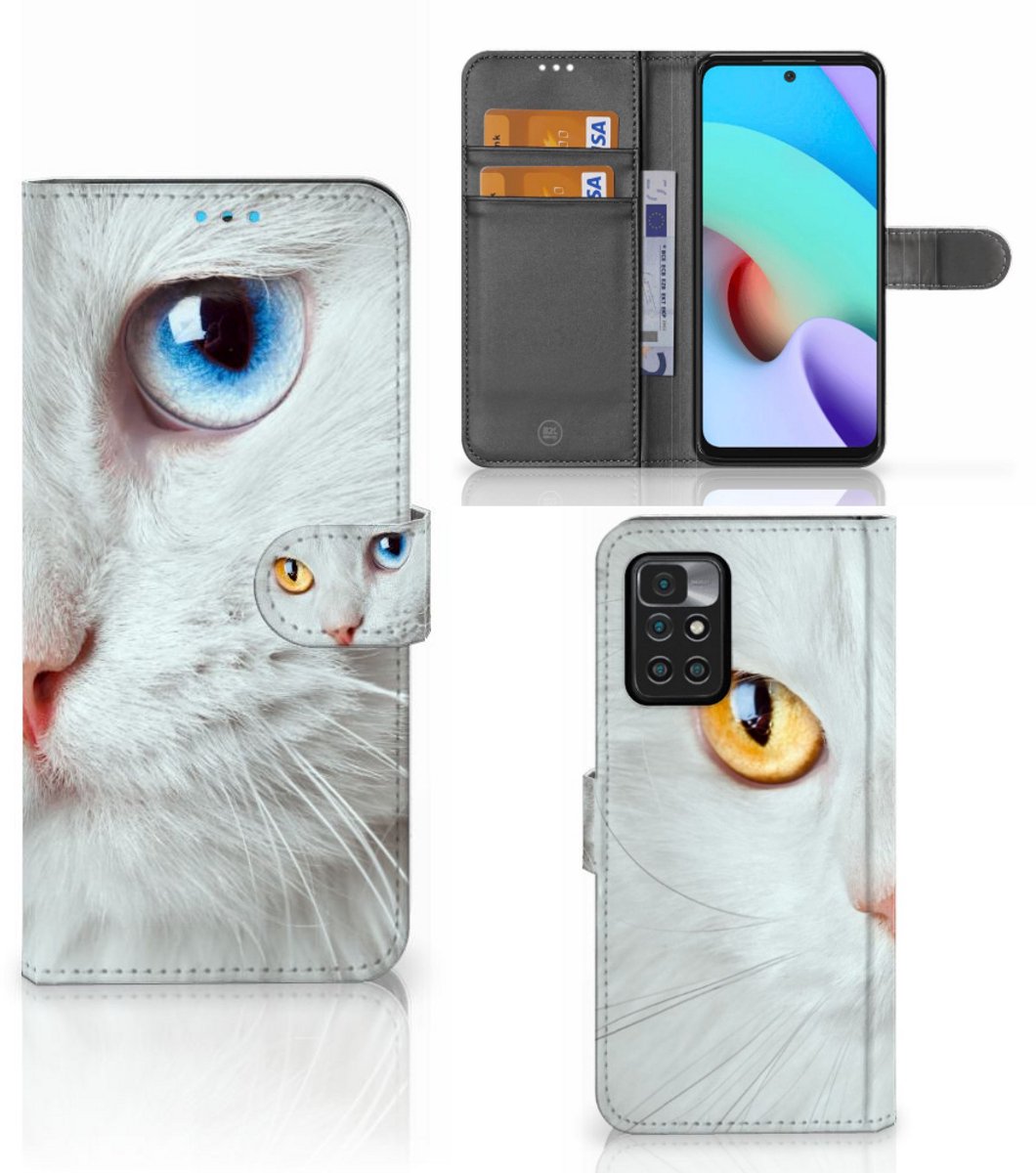 Xiaomi Redmi 10 Telefoonhoesje met Pasjes Witte Kat