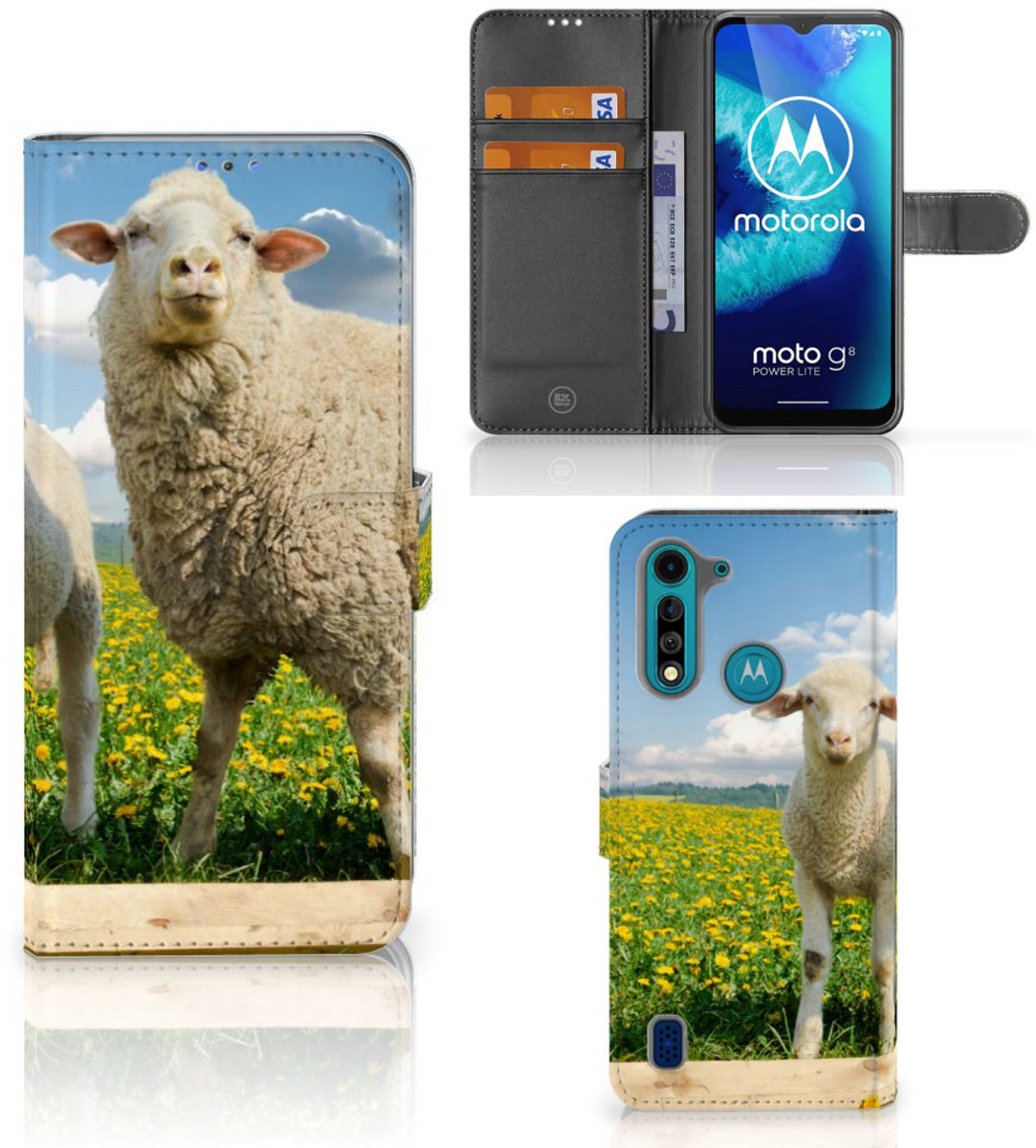 Motorola G8 Power Lite Telefoonhoesje met Pasjes Schaap en Lammetje