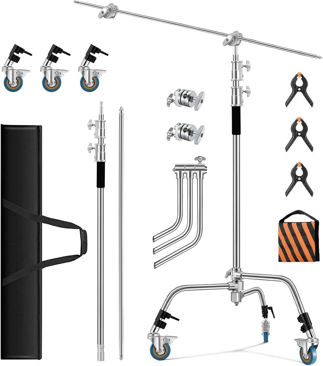 Verstelbare C-stand 3,3 m voor studiofotografie met softbox en verlengarm