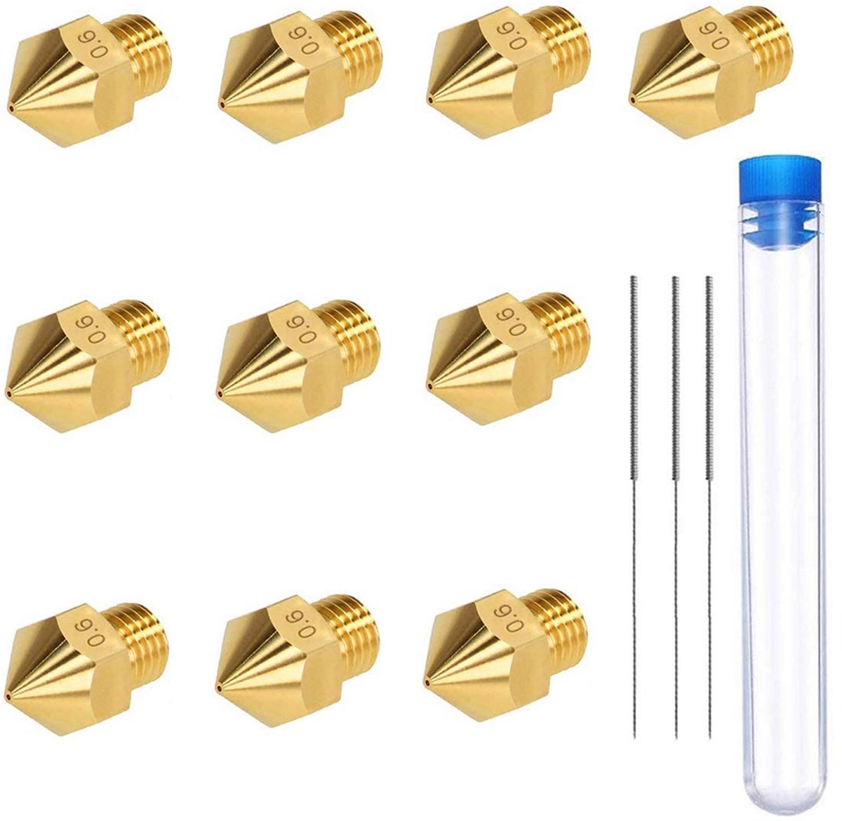 10 stuks MK8 3D printer nozzles 0.6 mm met 3 schoonmaaknaalden en opbergdoos