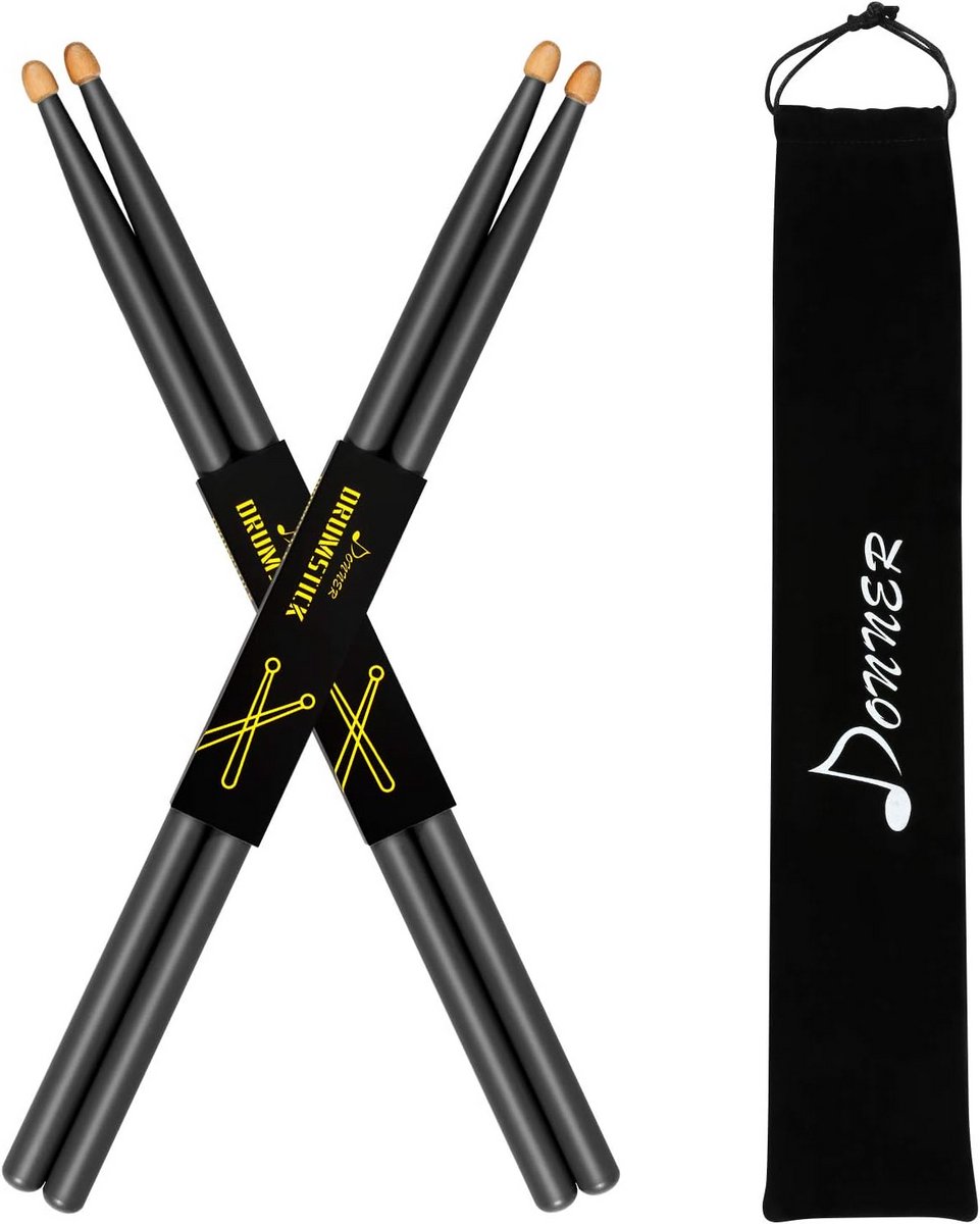 Zwarte drumsticks 7A van esdoornhout - 2 paar met draagtas