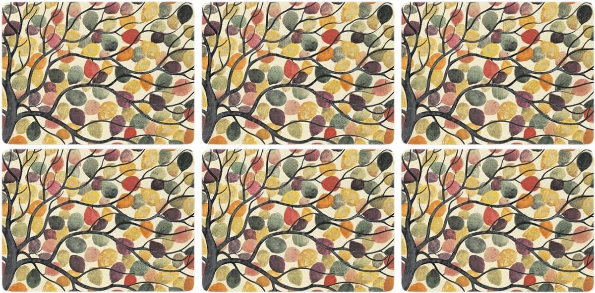 Set van 6 meerkleurige placemats Dancing Takken 30.8 x 23.2 cm van MDF en kurk