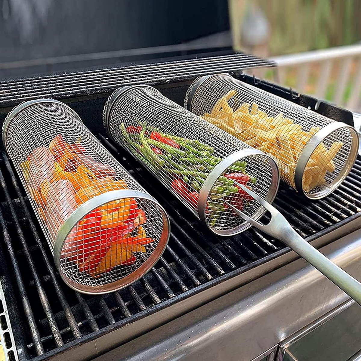 3-delige BBQ Mand Set van RVS – Grillaccessoires voor Buitenbarbecues en Kampeerreizen