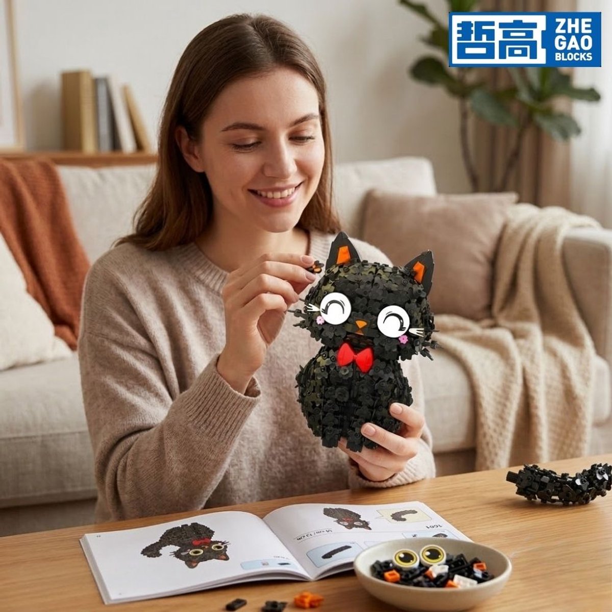 Zhe Gao 662036 Bloemen Kawaii Geluks Kat bouwset | Botanical Bonsai Flowers collection | Classic educatief creator speelgoed bloemenpracht bouwpakketten voor kinderen & volwassenen | Niet compatibel met Lego | Bouwdoos met 1651 bouwstenen — afbeelding 4