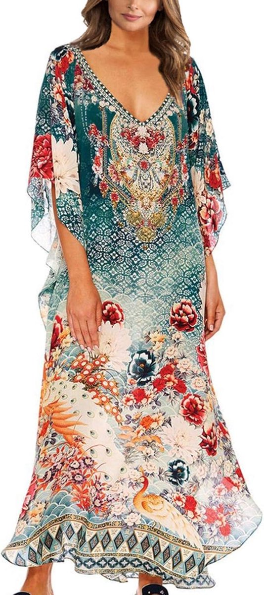 LikeJump Kaftan voor dames, katoen, print, kimono, bedekkende losse strandjurk, maxi-jurk, Multi kleuren 6, Eén Maat