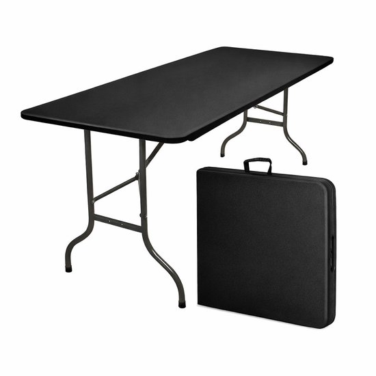Zwarte inklapbare tafel van 180cm, uitgeklapt en opgevouwen met handvat. Op witte achtergrond.