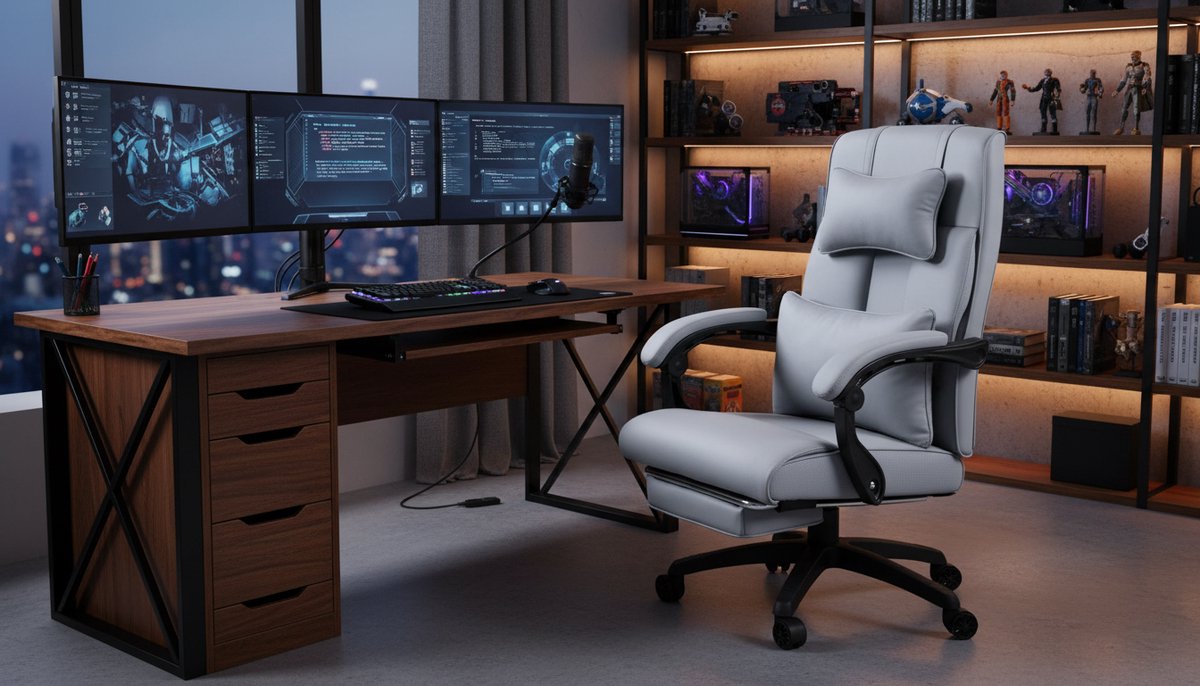 Ergonomische Directiestoel Casa Velluto Executive Comfort – Bureaustoel met Verstelbare Lendensteun, Hoofdsteun en Voetsteun – Draaibare Kantoorstoel Hoge Rugleuning – Luxe Leren Bureaustoel Grijs – Belastbaar tot 150 kg