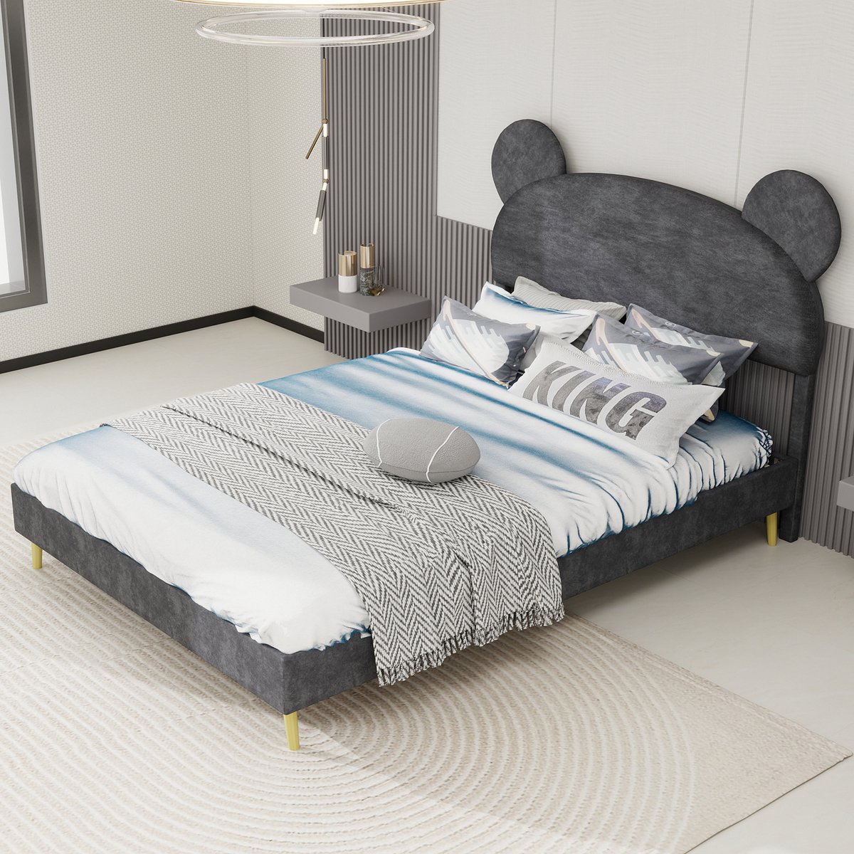 MIVRAY Gestoffeerd Bed 140x200cm - Cartoonvorm Hoofdbord Met Liftopslag - Stevig Frame Zonder Boxspring - Stof Metaal - Grijs