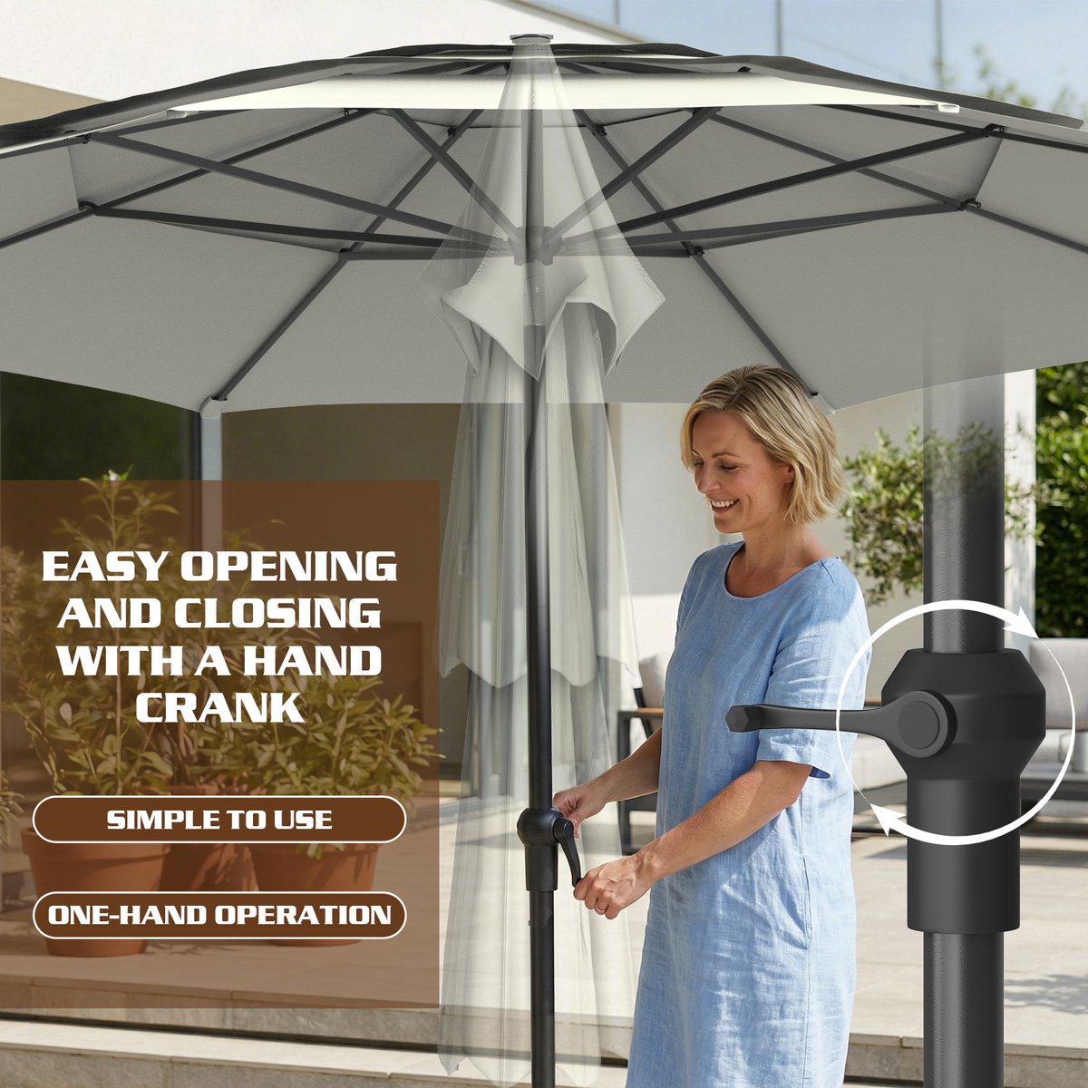 Soontrans - Stokparasol 300cm Tuin UV50+ - Balkonparasol Waterdicht - Parasol Tuin Terras met Opdraaisysteem - Strandparasol 8 Ribben - Parasol Tuin 30° Kantelbaar - Tuinparasol - Wit – foto 6
