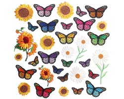 longziming -33 Stuks Geborduurde Bloemen en Vlinder Strijkpatches – Kleding Reparatie en Decoratie Patches – Opstrijkbaar of Opnaaibaar voor Kleding, Tassen en Accessoires