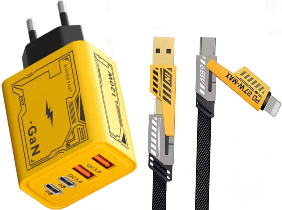 USB Adapter 120W – 4 in 1 Multipoort Snellader Adapter inclusief 3-in-1 combi OplaadKabels / USB C / 8PINS / USB
