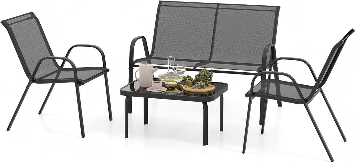 KOMFOTTEU 4-delige balkonset, tuinmeubelset voor 4 personen, tuingarnituur met 2 stoelen, 1 bank en 1 salontafel, terrasmeubelset, zitmeubelen voor balkon, binnenplaats
