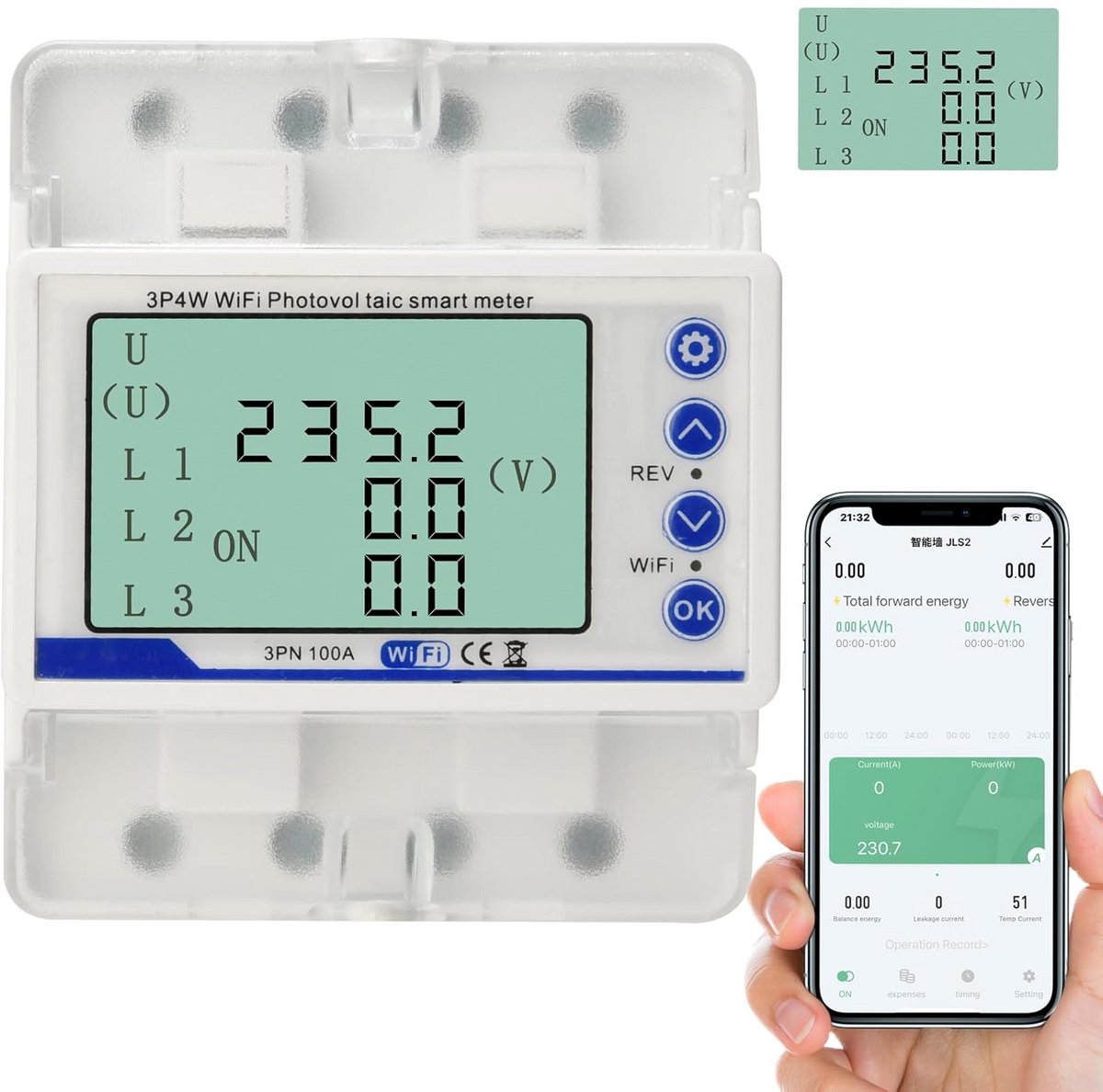 Elektrische Vermogensmeter WiFi met Automatische Schakelaar en Herstartbeveiliging - Driefasige Digitale Stroommeter LCD 100 A 380 VAC