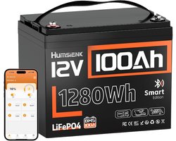 HumsiENK 12V 100Ah LiFePO4 lithiumbatterij met Bluetooth (groep 24), meer dan 15.000 diepe ontladingen, ingebouwd 100A BMS en bescherming tegen lage temperaturen, max. 1280 energie voor camper/boot/off-grid/thuis back-up