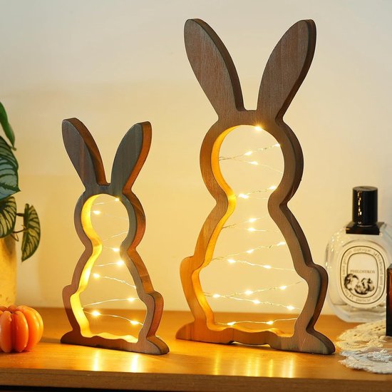 Décoration de Pâques lumières-décoration de Pâques-lapin de Pâques en bois 2 pièces décoration de Pâques moderne - Lapin de Pâques décoratif en bois - Debout avec guirlande lumineuse - Éclairage de Pâques - 30x16,5 cm
