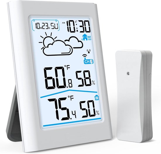 Weerstation-Weerstation binnen en buiten-Weerstation draadloos binnen buiten-Buitensensor met een detectiebereik van 100 meter - thermometer en hygrometer - inclusief tijd, alarm en weersvoorspelling - voor thuis, op school en op het terras.
