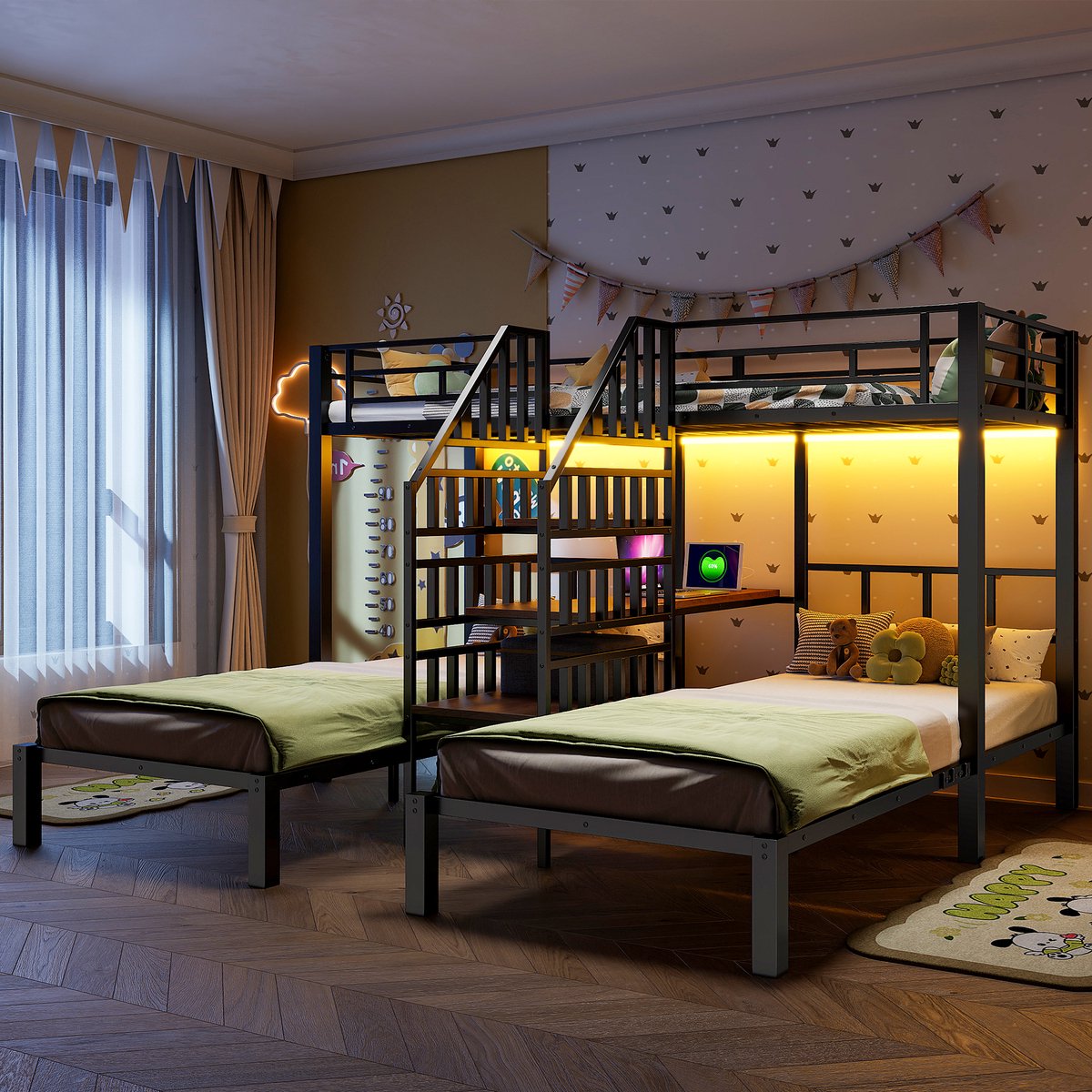 Wishdor Stapelbed - 90 x 200 cm - Met Bureau en Rek - Led-Lichtstrip met App - Trap met Opbergruimte - Usb en Stopcontact - Metaal en MDF Zwart - Ruimtebesparend voor Kinderkamer - Stabiel tot 250 kg