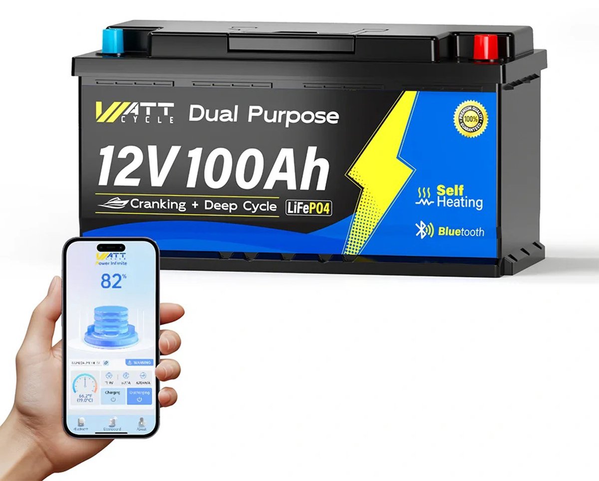 WattCycle 12V 100Ah 1200CCA multifunctionele marine startaccu met Bluetooth en zelfverwarmingsfunctie - Geschikt voor auto-audio, buitenboordmotoren, elektronica, golfkarretjes, ATV's, multifunctionele voertuigen en campers