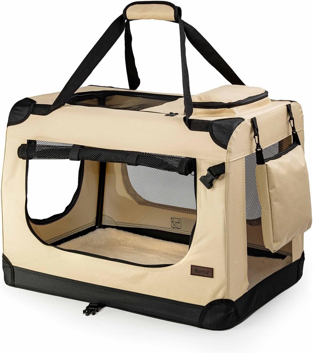 lionto Opvouwbare Hondentransportbox voor Reizen & Auto, 70x52x50 cm, Stevige Draagbox met Handvaten & Deken, tot 15 kg, Duurzame Stoffen Hondenbox, Klein & Groot, Beige