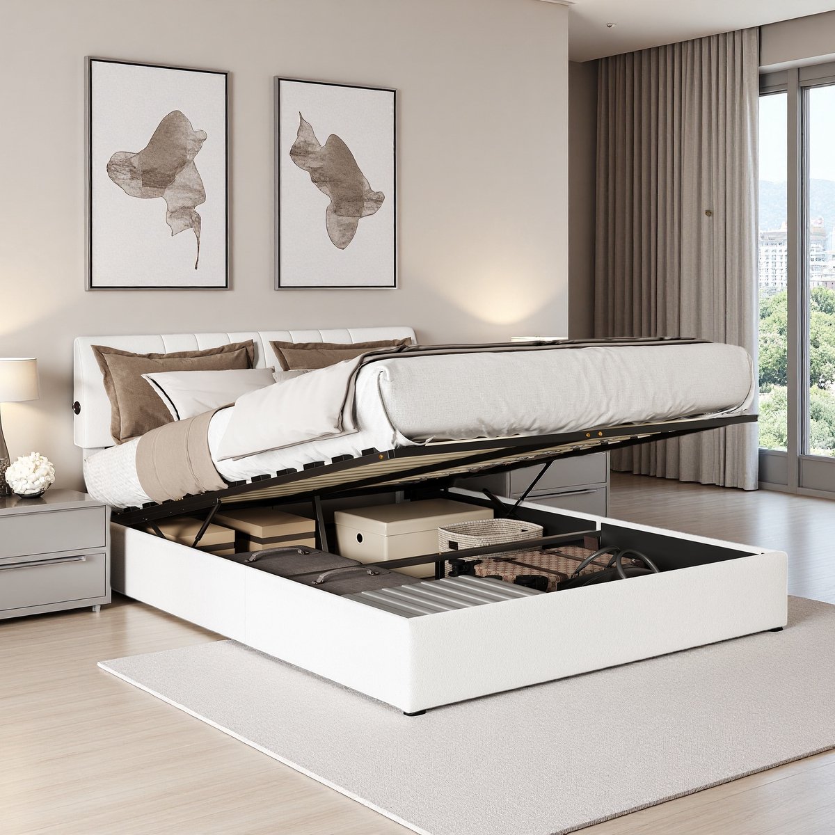 SHOPENTRA Opbergbed met Gaslift 140x200 Crème/Wit Teddy Stof - afbeelding 3