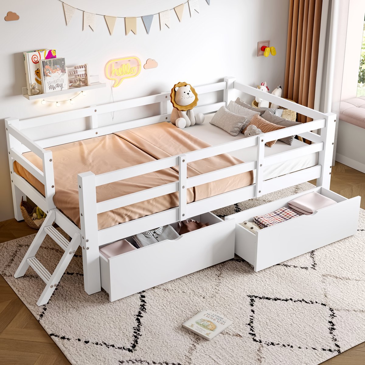 FloraGrace Kinderbed 90x200 cm - Met Beschermhekje En 2 Laden - Laag Platformbed - Zonder Matras - Hout - Wit