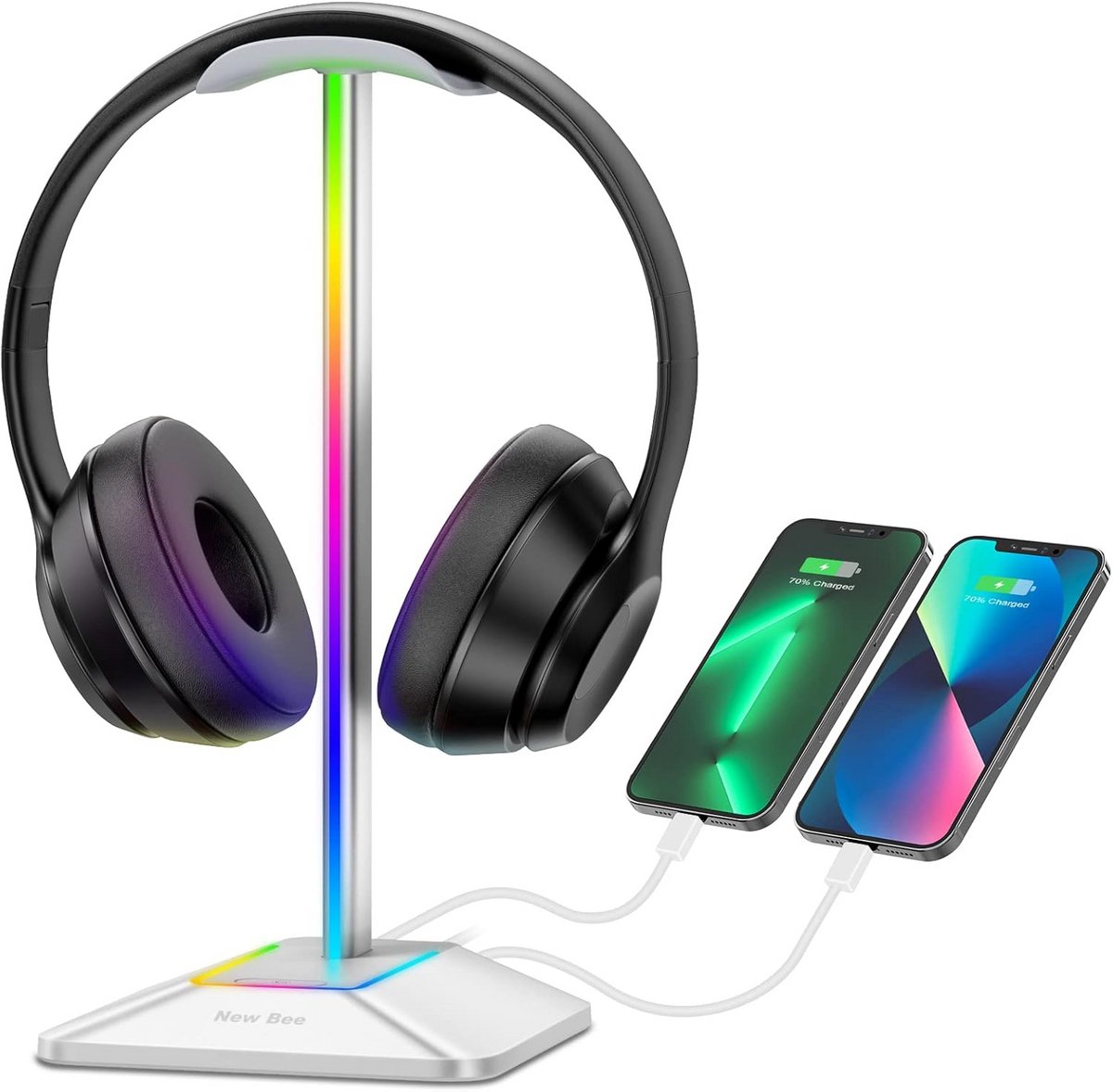 RGB Hoofdtelefoonstandaard met USB-C en USB Oplaadpoorten, 7 Lichtmodi, Antislip Basis voor Gaming