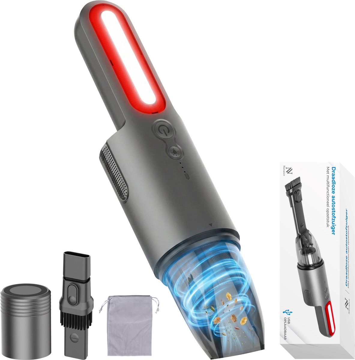 Bol.com Nuvance Auto Stofzuiger - 6000Pa - Draadloos - Usb Oplaadbaar - Handstofzuiger - Autostofzuiger - Kruimelzuiger - Kleine... aanbieding