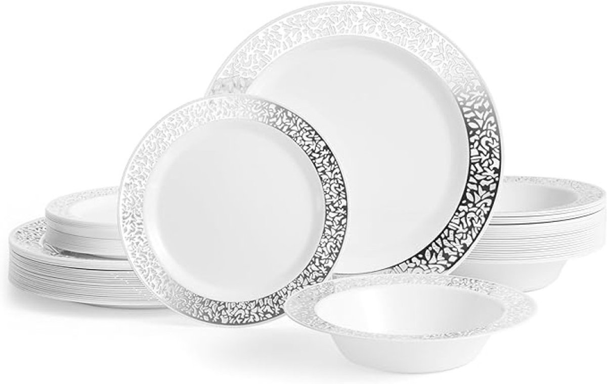 75-delig servies met zilveren rand - dinerborden, dessertborden en kommen - feest servies