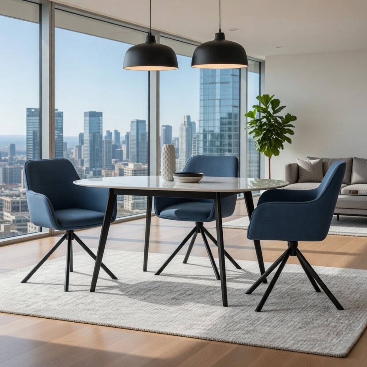 Tipton Luxe Draaibare Eetkamerstoel met Armleuningen en 180° Auto-Return – Corduroy Design – Comfortabele Gestoffeerde Stoel tot 150 kg – Blauw | Novihome