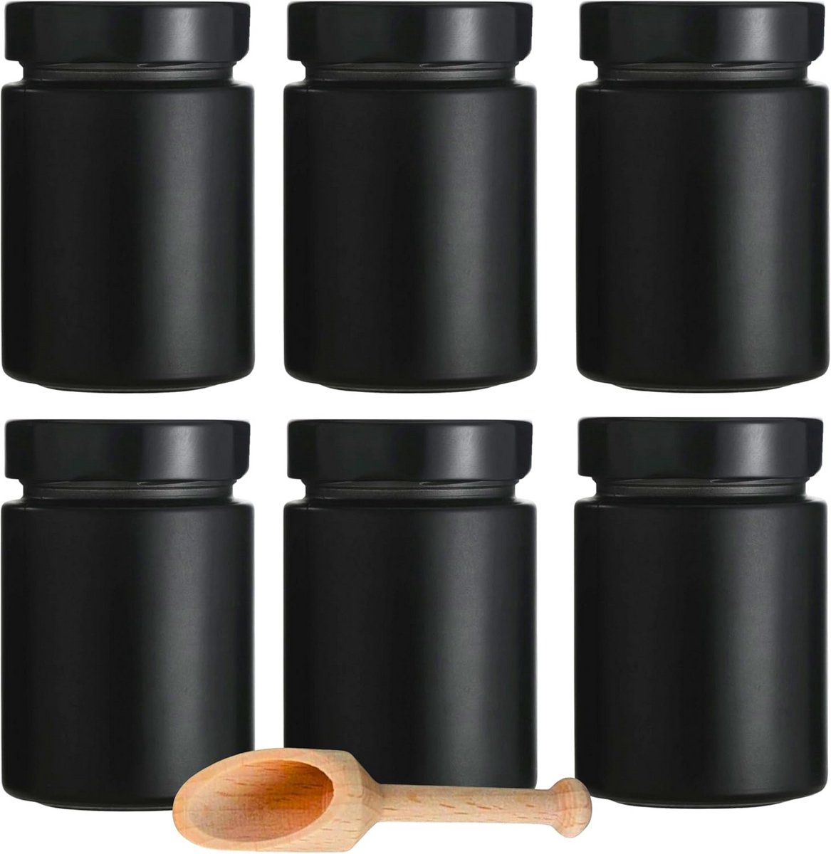 6 Zwarte Kruidenpotjes 190 ml met Schroefdeksel en Houten Schep