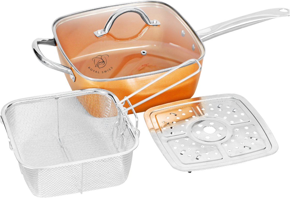 Royal Swiss® Vierkante Kookpan 28x28 cm – 6L – Multifunctionele Frituurpan met Mand & Stoomrek – PFAS Vrij – Inductie – Met Glazen Deksel