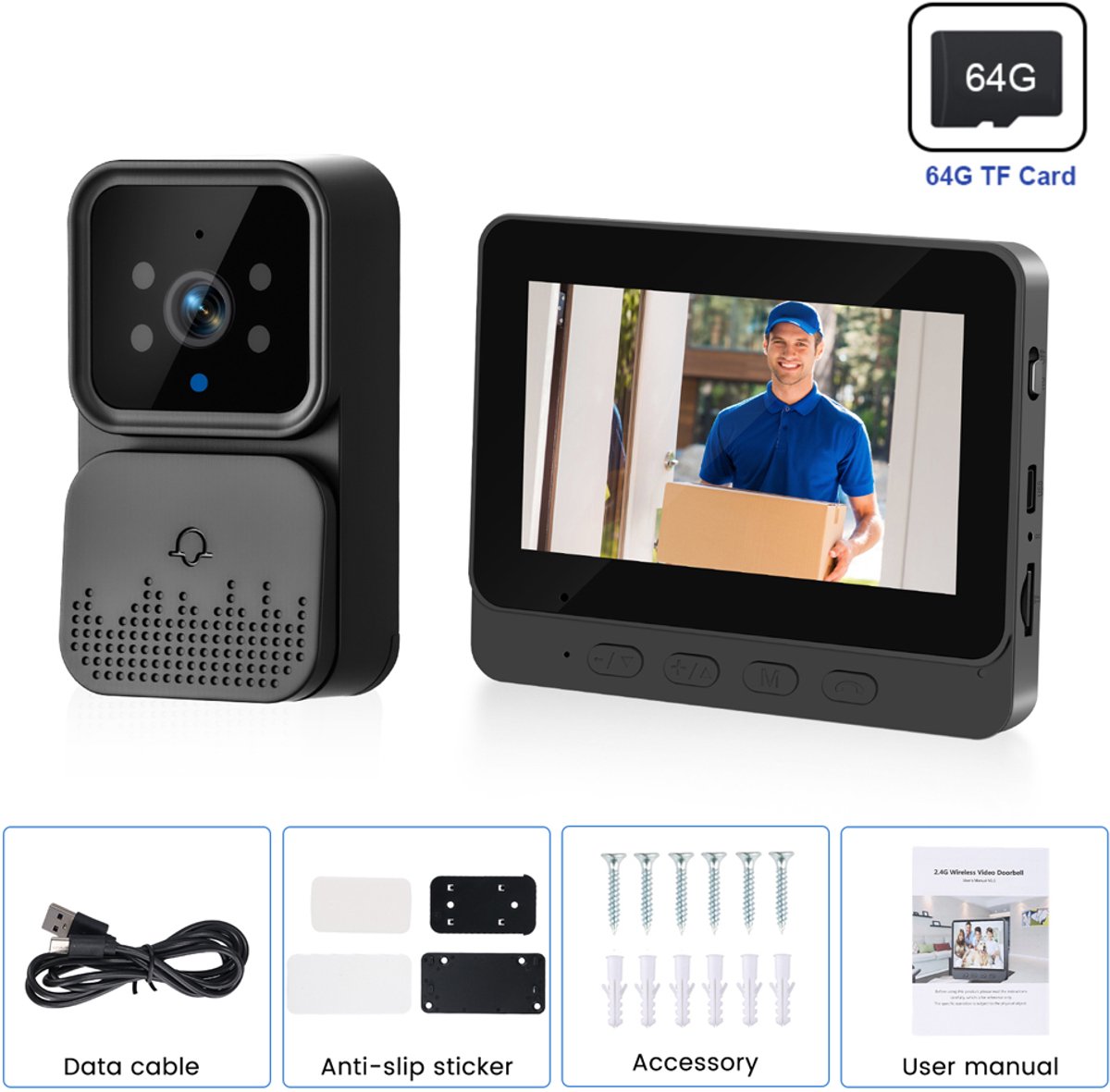 Draadloze Videodeurbel met Binnen Scherm - 4,3 Inch IPS Display - Geen WiFi Vereist - 2.4G Privéprotocol - HD Infrarood Nachtzicht - Twee Weg Audio Intercom - 64GB SD Kaart Inbegrepen - Tot 150 Meter Bereik - Eenvoudige Installatie
