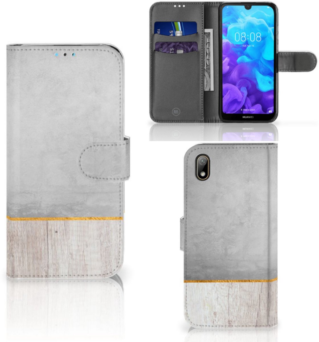 Boekhoesje voor Huawei Y5 (2019) Book Style Case Wood Concrete